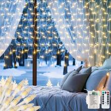 Cortina De Luces Led, 9,8 pies x 3,3 pies,luces de carámbano,8 Modos con Control Remoto, Impermeable luz de Cortina para Exterior, Día de San Patricio - 1 - Ver 1