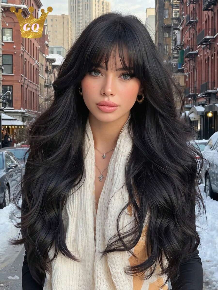 26英寸长黑色卷发假发，女士人造假发，天然耐热合成纤维，适合女性日常及派对佩戴 - 黑色 - 查看 1