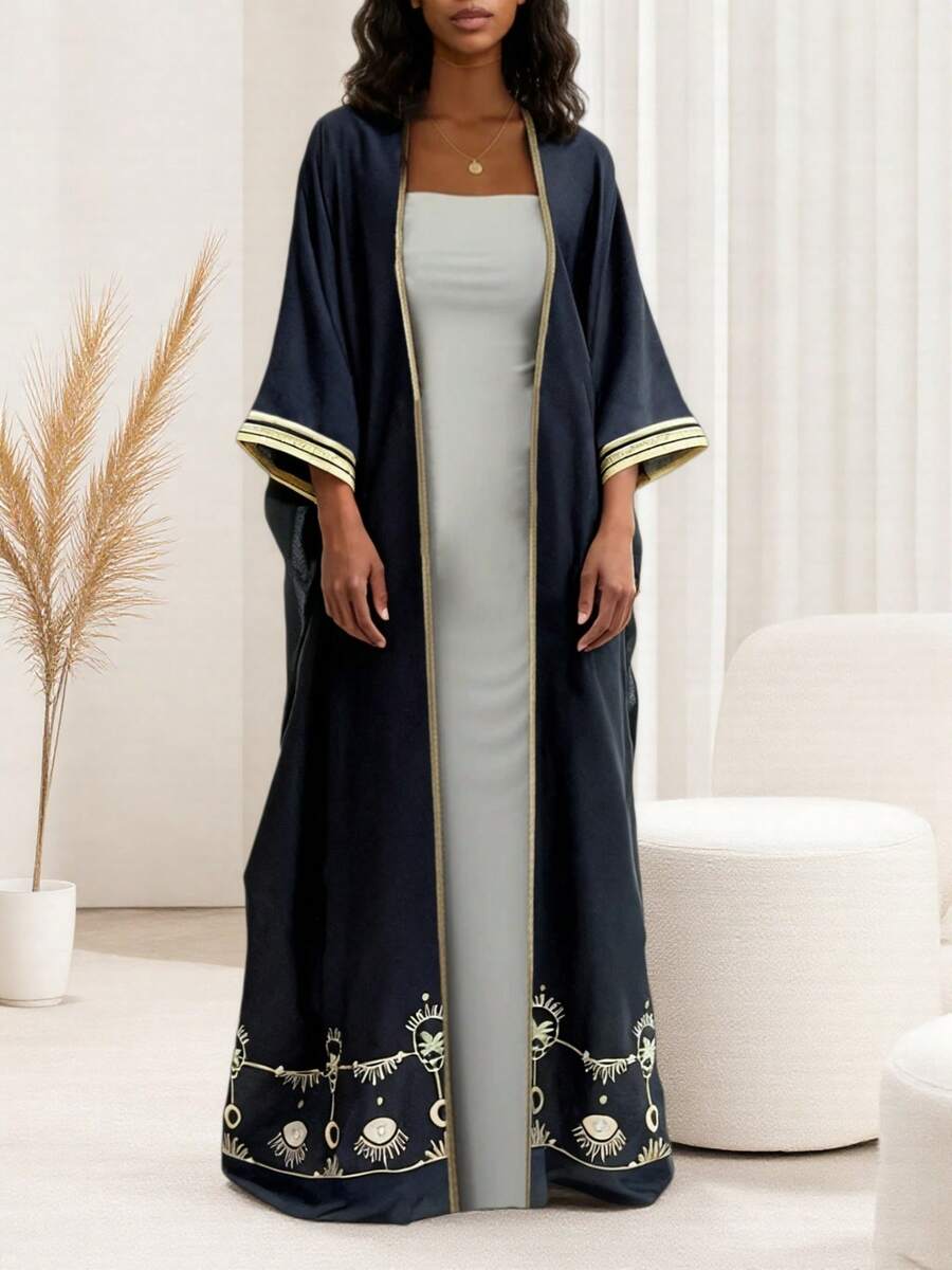 Women's Elegant Casual Loose Geometric Print Pattern Long Robe - Decorated With Gold Trim, Batwing Sleeves, Round Neck, Front Open, Long Length - Navy Blue - View 1