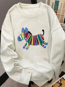 女士休闲纯棉字母印花圆领长袖T恤，适合春秋季穿着 - 淺花灰 - 查看 1