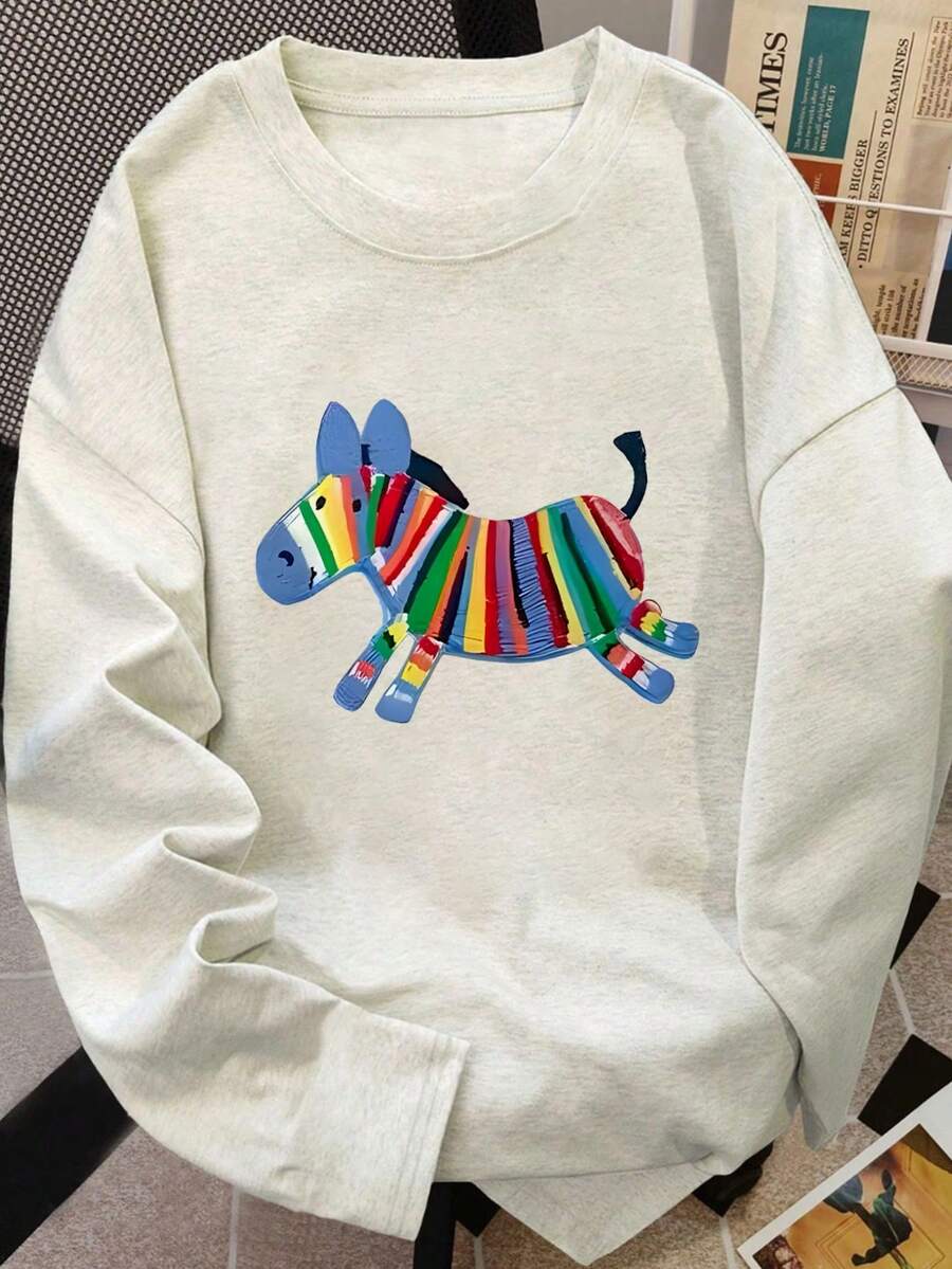 女士休闲纯棉字母印花圆领长袖T恤，适合春秋季穿着 - 淺花灰 - 查看 1