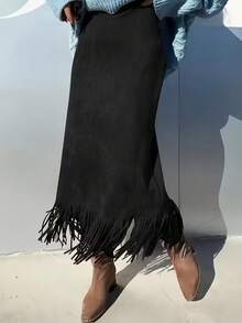 Chân váy da lộn màu trơn thanh lịch dành cho nữ, màu đen, có tua rua, thích hợp cho mùa xuân. - màu đen - Xem 2