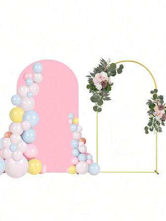 Juego de soporte y cubierta de fondo con arco, cubierta de fondo ajustada de spandex rosa y marco de arco de boda dorado, adecuado para fiesta de cumpleaños, ceremonia de boda, baby shower, decoración de fiesta