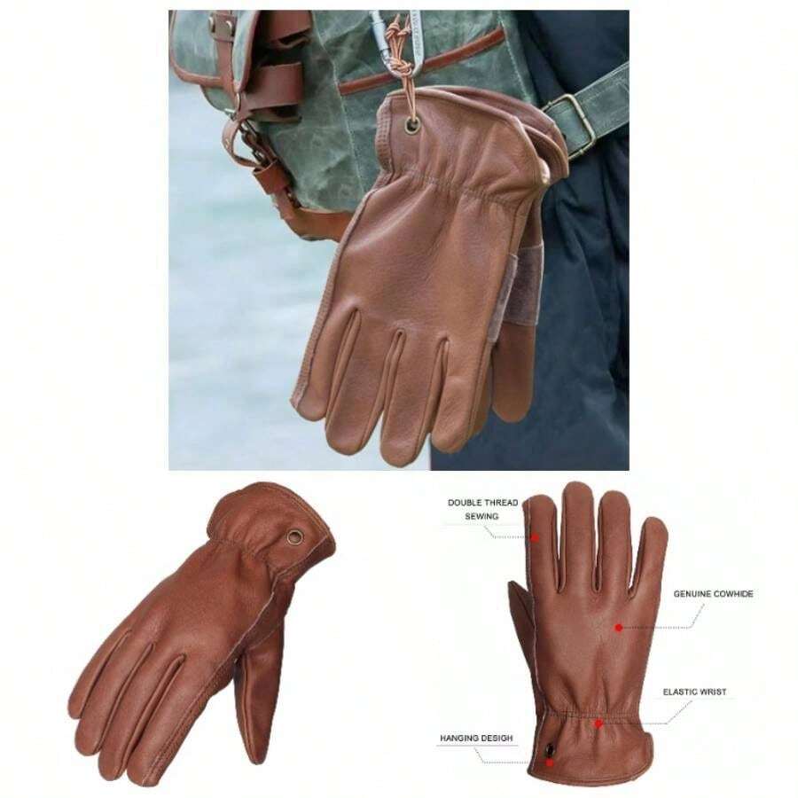 Retro Brown Cowhide Leather Work Gloves Construction, Yardwork, Gardening With Reinforced Men Women - Large + Brown - View 1