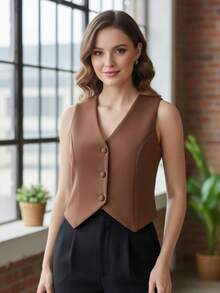 Women's Basic Tailored Vest, Casual, With Decorative Pockets, Elegant, , Premium Fashion, Stylish, Sophisticated. - Cappuccino - View 1