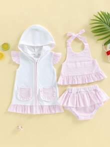 Traje de baño de tres piezas para niñas pequeñas, elegante y moderno, sin mangas, con parte inferior de bikini y cuello halter, bonito conjunto de trajes de baño para vacaciones en la playa. - Rosa - Ver 6