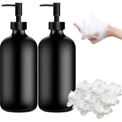 2 dispensadores de jabn de Cristal, 400 ml, dispensador de jabn Negro, dispensador de jabn para bao con Bomba y Etiquetas