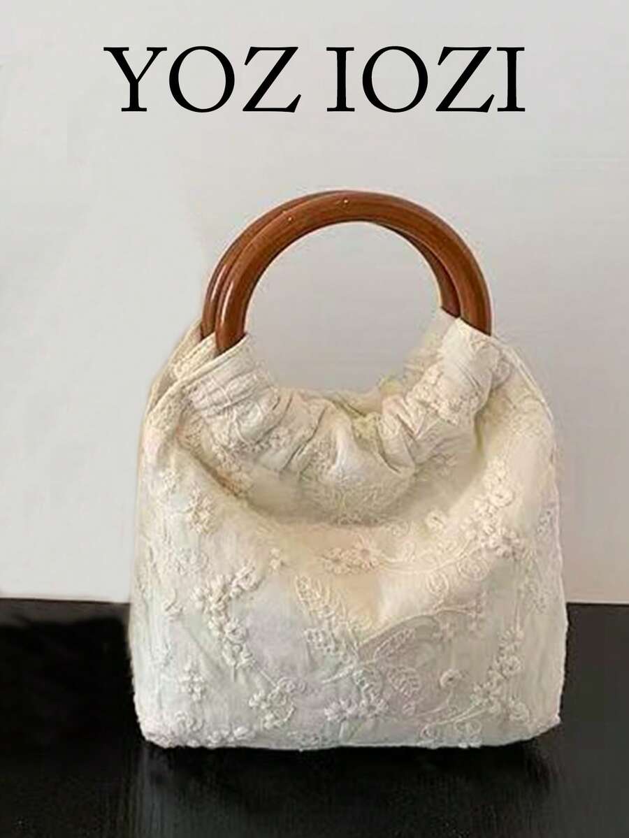 复古手工蕾丝刺绣中式竹柄水桶包，小众设计新款中国复古文艺立领连衣裙手提包 - 白色 - 查看 1