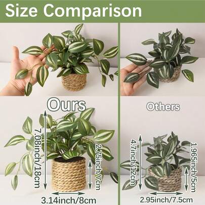 1/3盆人造藤编植物，中号花盆，4种款式可选：眉叶、网叶、薄荷叶。材质：聚乙烯、聚酯纤维。适用于桌面装饰、学校宿舍和办公室，满足节日装饰需求，如情人节、春夏装饰等。