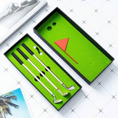 Golf Pen Set, Mini Desktop Golf Pen Gift Box, Men's Golf Club Putter Ballpoint Pen, Equipped With Refills And Golf Flag, Golf Lover Stationery Gift Set. Office Leisure Game Supplies, Golf Enthusiast Stationery Decoration, Includes 3 Putter-Shaped Pens, Chessboard Game, Christmas Gift