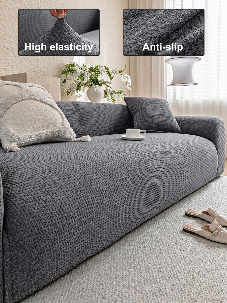 1pc Solid Color Jacquard Stretch Elastic Sofa Cover, Ins Style For All Seasons, Machine Washable, Pet Proof & Durable, Suitable For Living Room, Bedroom, Dining Room, Outdoor, Fits 1/2/3/4 Seater Sofa, Non-Slip Strips Included - Dark Grey - View 1