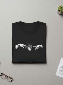 Anatomical Heart Hands Unisex T-Shirt: Minimalist Gothic Line Art - Black - View 3