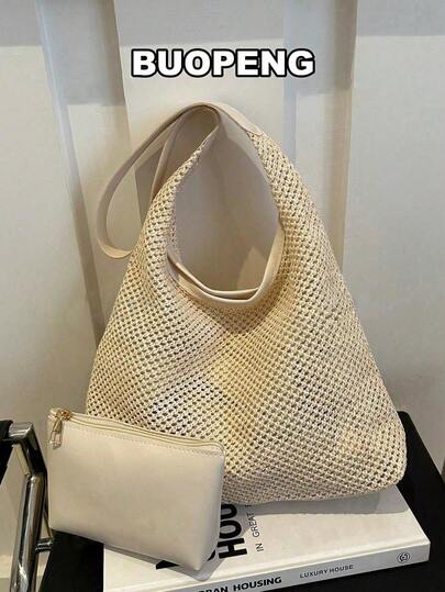 大容量纯色草编沙滩手提袋