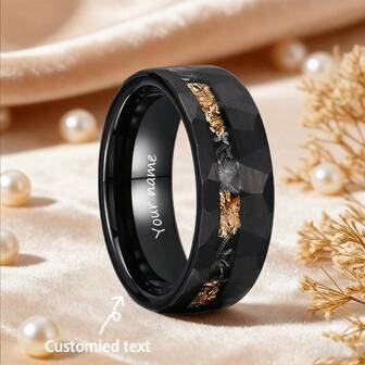 1pc 8MM Men's Hammered Tungsten Steel Ring, Hammered Grooved With Gold Foil And Iron Filings Inlay, Customizable Laser Engraved Text, Wedding Band, Ideal Gift For Partner Or Family
