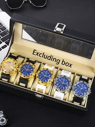 5pcs/Set Men's Steel Band Watches, Large Dial Business Watches, High-End Stylish Watch Set