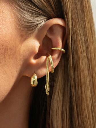 4pcs Minimalist Textured & Chain Decor Ear Cuff Set For Women Daily Wear & Party Accessory