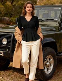 Women Business Casual Tops, 2026 Spring Dressy Blouses, 3/4 Sleeve Peplum Work Shirts V Neck Office Outfit - màu đen - Xem 2