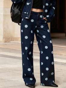 Women's Low Waist Polka Dots Wide Leg Denim Pants Summer Baggy Jeans Loose Fit Trousers For Street Wear - 藍色 - 查看 1