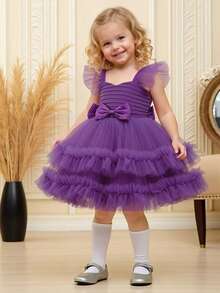 Baby Girls V-Neck Bow Ruffle Mesh Cute Wedding Dress, Suitable For Birthday Party, Excluding Headband - Purple - View 6