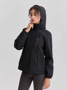 1pc Splice & Color Blocking Windbreaker Jacket, Water-Resistant Lightweight Outdoor Sports Running Hiking Coat, Spring Autumn - Black - View 8