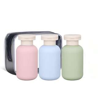100毫升/200毫升防漏旅行瓶，带翻盖，洗发水和护发素瓶套装，可重复灌装乳液、乳霜洗发水（绿色+蓝色+粉色+收纳袋）