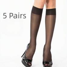 5双装女士黑色半透明中筒尼龙长筒袜，时尚百搭，适合日常穿着，舒适保暖。