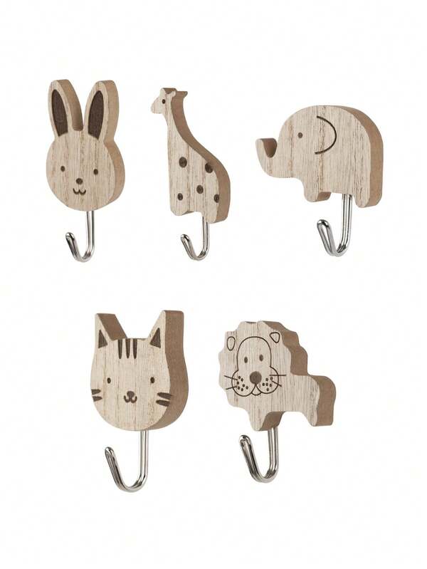 5pcs Cute Wooden Animal Hooks, Children's Room Decor Adhesive Hooks For Hanging, Storage & Organization