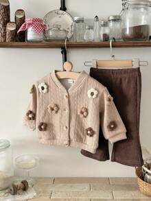 2pcs/Set Baby Girl Casual Cute Knitted 3D Floral Long Sleeve Top And Flare Pants Set, Spring/Autumn - Brown - View 4