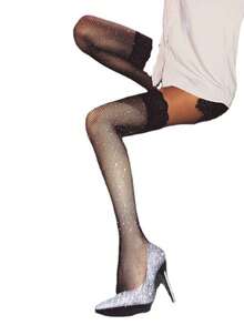 1 Pair Women's Shiny Rhinestone Fishnet Socks, Fashion Rhinestone Fishnet Socks With Lace Patchwork Design, Charming Women Fishnet Socks - Mouldless - View 4