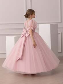 Tween Girl Elegant Puff Sleeve Backless Semi-Sheer Mesh Overlay Princess Dress, Suitable For Birthday, Christmas, Party, Flower Girl, Wedding, Prom, Special Occasion - Pink - View 5