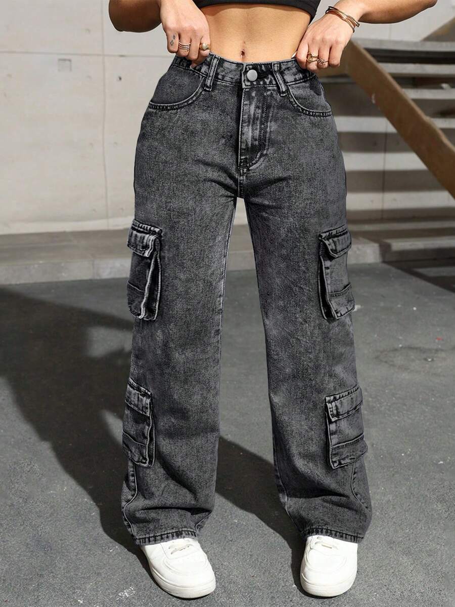 American Retro High Street Washed Workwear Jeans With Multiple Pockets For Men And Women, Loose Straight Leg Casual Pants - 深灰色 - 查看 1