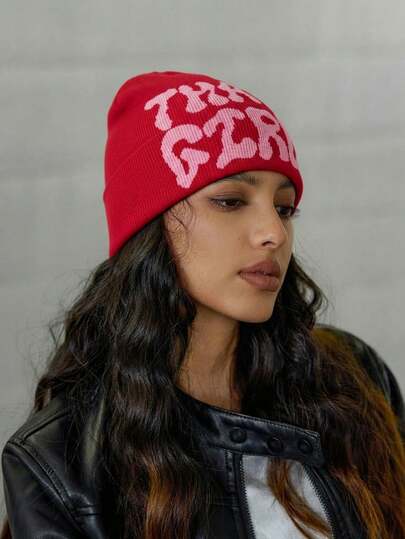 DareSee 1顶女士时尚Y2K“That Girl”提花针织帽，保暖舒适，适合秋冬季休闲穿搭，也是音乐节的理想礼物