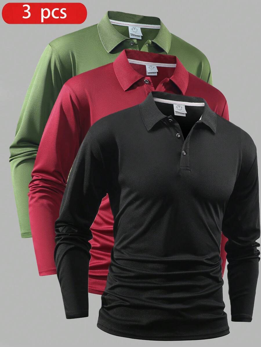 3 chiếc áo thun polo tay dài màu trơn nhẹ thoáng khí phong cách bạn trai dành cho nam, chạy bộ, tập thể dục, mùa xuân/thu
