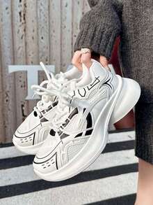 撞色纯色学院风休闲运动鞋，四季皆宜，情侣款，厚底厚底运动鞋，皮革与网布拼接，白色透气百搭时尚网布鞋，户外运动跑步鞋 - 白色 - 查看 7