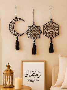 1/3 chiếc đồ trang trí hình trăng lưỡi liềm và sao màu đen, thiết kế rỗng nhẹ với tua rua mềm mại, phong cách Boho hiện đại, tác phẩm nghệ thuật hình trăng lưỡi liềm và sao, thích hợp để trang trí tường nhà, cửa sổ/cửa ra vào, tiệc tùng, phòng khách và phòng ngủ ấm cúng. - Gỗ đen - Xem 8