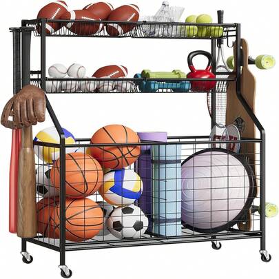 Sports Equipment Organizer, Ball Storage Rack, Rolling Ball Storage With Baseball Bat Holder And Hooks,  Large Capacity Garage Sports Toy Organizer With Hooks And Baskets, Rolling Ball Cart With Wheels For Toy And Gear Organizer, Black