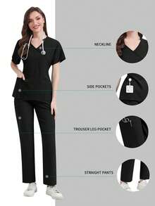 Scrub Uniform Set Slim Fit Women Nursing Hospital Short Sleeves Top Pants Sets Dental Clinic Beauty Salon Spa Pet Lab Workwear - Black - View 1
