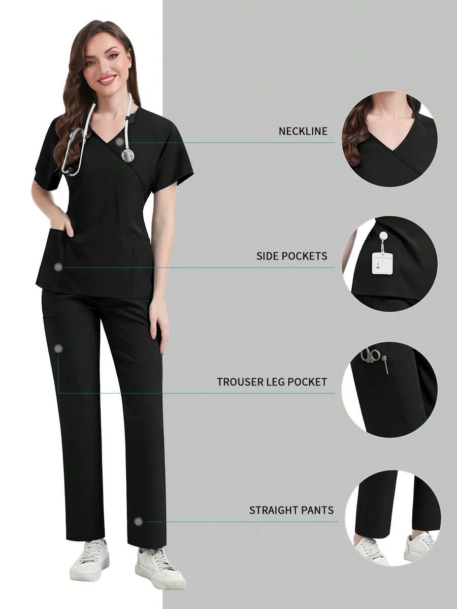 Scrub Uniform Set Slim Fit Women Nursing Hospital Short Sleeves Top Pants Sets Dental Clinic Beauty Salon Spa Pet Lab Workwear - Black - View 1