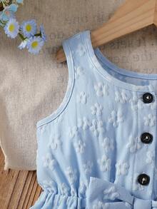 Baby Girls' Cute Solid Color Round Neck Sleeveless Bow Decor Button Design Half-Placket Romper, Suitable For Home, Daily Wear And Outings, Spring/Summer - Blue - View 6