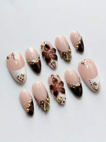 10pcs French Almond Shaped Handmade Press-On Nails, Amber Brown Pattern, White French Tip, 3D Floral Carving, 3D Crystal Decor, Gentle & Elegant Style, Suitable For Women & Girls For Daily Wear, Vacation, Party And Other Occasions In Autumn/Winter Nail Supplies Handmade Press On Nails - Multicolor - View 2