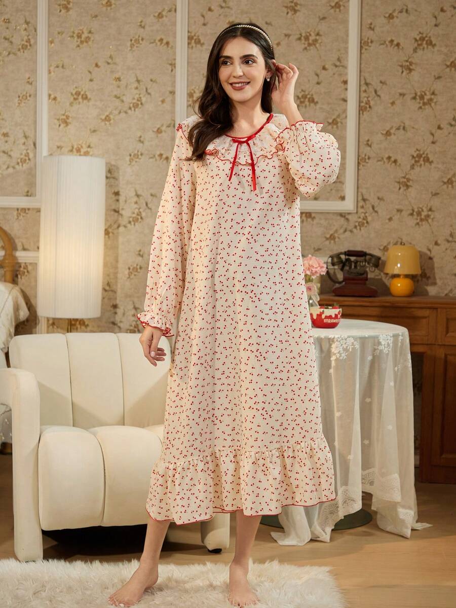 RS Pajama1 Lace Lace Crew Neck Long Sleeves Contrast Lace Romantic Elegant Cherry Print Nightgown, Moo Moo Night Dress - Red and White - View 1