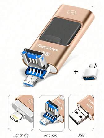 4合1 2.0 USB閃存盤，32GB, 64GB, 128GB, 256GB，兼容安卓手機和蘋果手機，配有TYPE-C轉接器，擴展筆記本電腦，平板電腦，智慧電視，汽車音樂存儲磁盤的存儲容量
