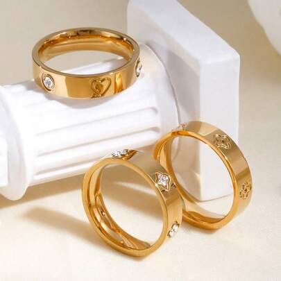 TONSI 1枚时尚奢华简约小众高端18K镀金不锈钢立方氧化锆四叶草几何图案戒指，情侣戒指，珠宝礼盒，男女皆宜，适合日常佩戴、通勤、节日、派对、结婚戒指、结婚礼物、圣诞礼物