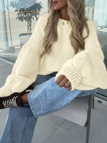 女士春秋季针织圆领长袖毛衣，纯色百搭休闲风，适合返校季、通勤、日常穿着，舒适柔软，米黄色系，少女温柔风格，易于搭配，简约毛衣款式 - 杏色 - 查看 3