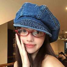 Women Beret Hat, Elegant Vintage Solid Soft Painters Cap Denim Artist Hat For Casual Daily - 藍色 - 查看 4