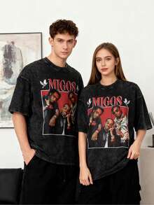 Camiseta de Verano Vintage Migos para Mujeres, Cuello Redondo, Estilo, 6 Tallas Disponibles, Moda Americana, Hip Hop, Ropa de Calle, Tops de Algodón de Calidad, Impresión Oversize, Camisetas Negras de Manga Corta, Camiseta Casual - Negro - Ver 4