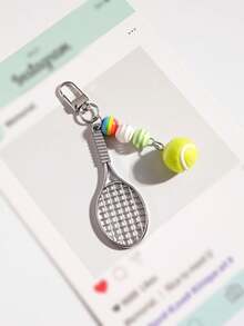 1pc Unisex Alloy Tennis Racket Keychain, Handmade Beaded Tennis Pendant Accessory For Phone Case, Earphone Case, Bag, Car Key Chain - Multicolor - View 2