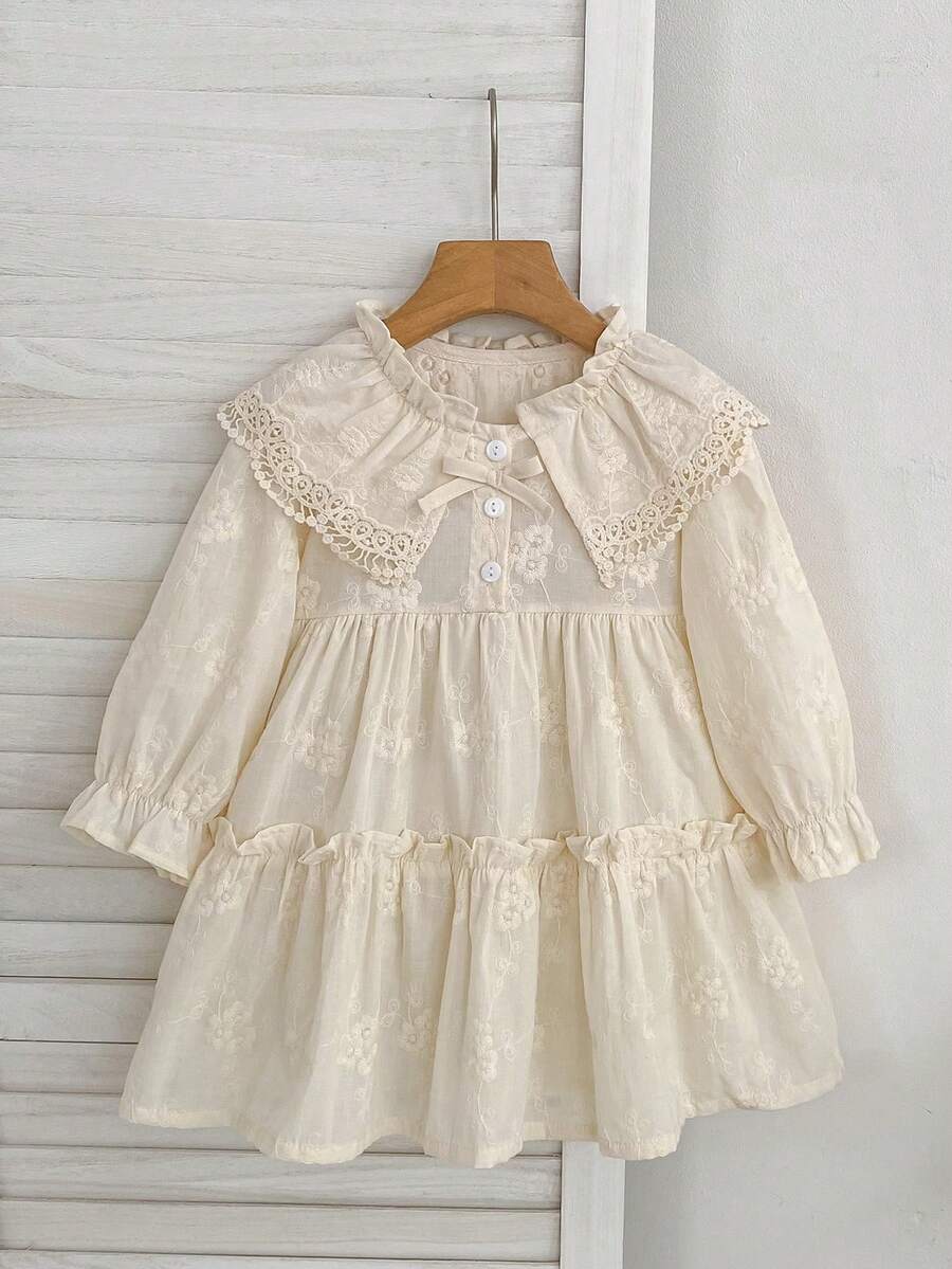 Girls Lace Collar Princess Dress, Spring/Autumn - Apricot - View 1