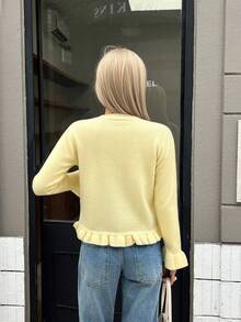女式褶饰纽扣纯色针织开衫，适合晚间约会、节日、日常穿着和旅行，秋冬季 - 鵝黃色 - 查看 6
