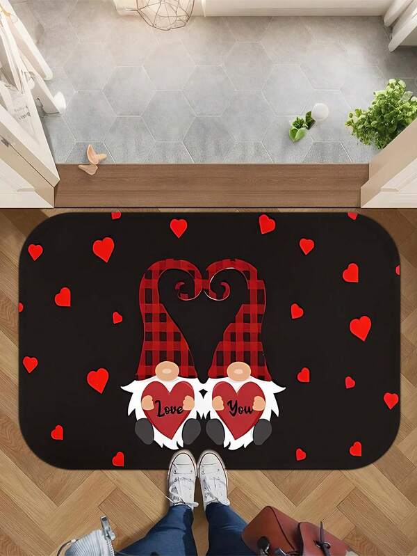 1pc Warm Welcome Doormat With Red Love Heart Gnome Pattern, Decorated With Plaid Heart Hat Design, Ideal Valentine's Day Gift, Flannel Mat, Non-Slip, Machine Washable, Printed Carpet, Suitable For Entryway, Bathroom, Living Room, Laundry Room, Spring Decor, Home Decor, Valentine's Day Carpet, Non-Slip Rug